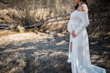 White long sleeve maternity dress with long split front sheer chiffon skirt perfect for wind blown maternity photos